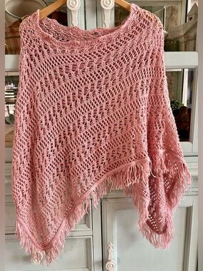 Vintage Pink Crochet Fringe Poncho